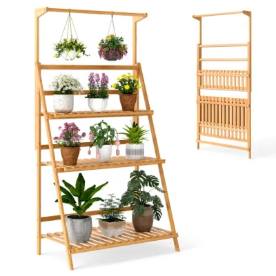 Costway 3 Tier Bamboo Hanging Plant Stand With Height Adjustable Hanger Rod-natural In Brown