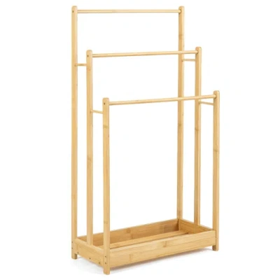 Costway 3 Tier Free Standing Bamboo Towel Rack With Storage Shelf-natural In Gold
