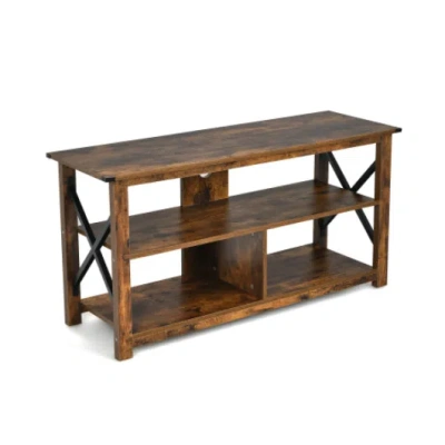 Costway 3 Tier Wood Tv Stand For 55-inch With Open Shelves And X-shaped Frame-brown