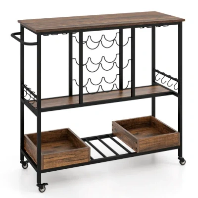 Costway 3 Tiers Bar Cart On Wheels With Glass Racks-rustic Brown