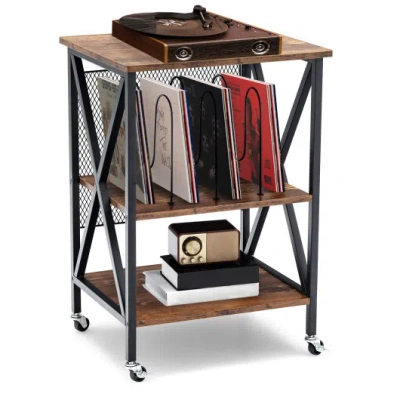 Costway 3 Tiers Vintage Style Rolling End Table With 3 Dividers For Albums-brown