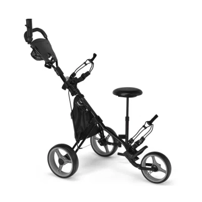 Costway 3 Wheels Folding Golf Push Cart With Seat Scoreboard And Adjustable Handle-gray In Black