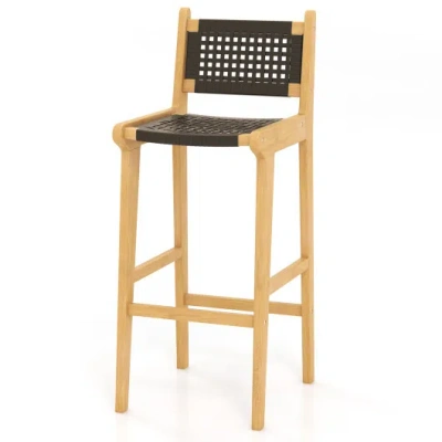 Costway 30 Inch Rattan Teak Wood Bar Stool With Backrest And Footrest In Neutral
