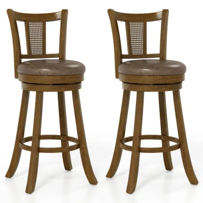 Costway 30 Inch Set Of 2 Bar Stools With Pe Rattan Backrest And Rubber Wood Frame-brown