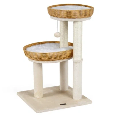 Costway 30-inch Cat Tower With 2 Rattan Cat Baskets For Indoor Kittens-beige In Neutral