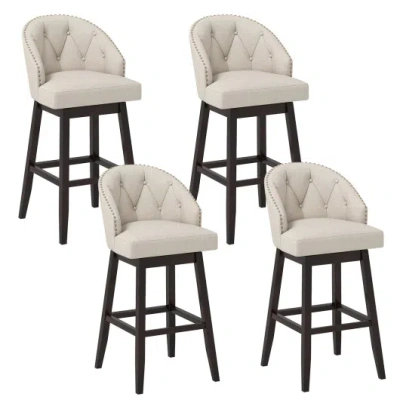 Costway 31 Inch Bar Stools Set Of 4 Padded Bar Height Chairs With Rubber Wood Frame Swivel Seat-beige In Multi