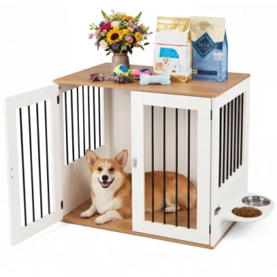 Costway 31.5" Dog Crate Furniture Wooden Dog Kennel With Double Lock Doors-white In Multi