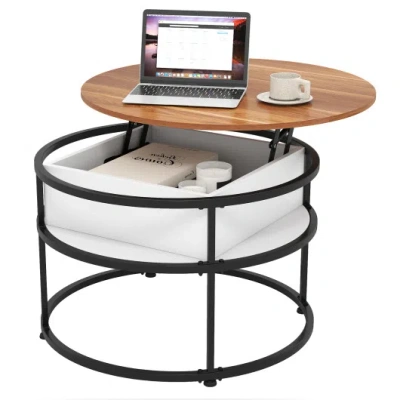 Costway 31.5 Inch Round Lift Top Coffee Table With Hidden Compartment And Side Shelves-teak In Multi