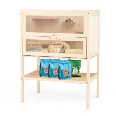 Costway 31.5 Inches Freestanding Hamster Cage Wooden Hamster Habitat Playpen-natural In Multi