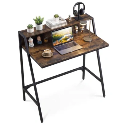 Costway 31.5" Industrial Desk With Raised Shelf Metal Frame-rustic Brown