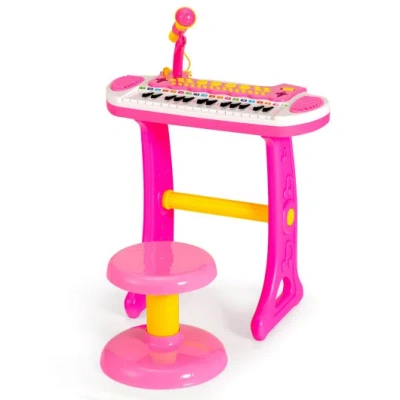 Costway 31-key Kids Piano Keyboard Toy With Microphone And Multiple Sounds For Age 3+-pink In Animal Print