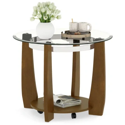 Costway 32" 2-tier Glass Round Coffee Table With Storage Shelf-walnut In Brown