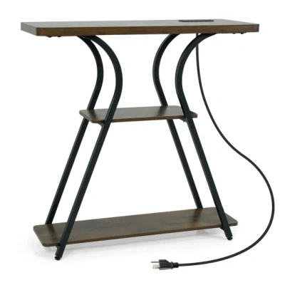 Costway 32 Inch Narrow Long Entryway Table With Power Outlets And Led Lights-brown In Gray