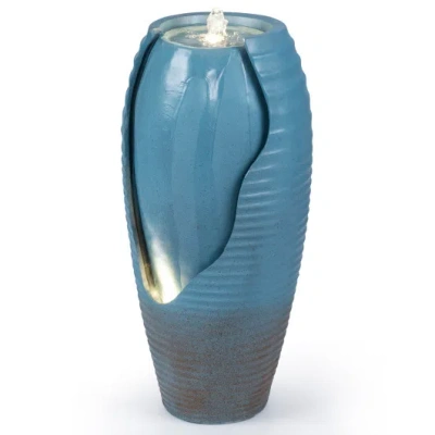 Costway 32 Inch Tall Jar Water Fountain With Led Lights And Pump Vintage Ceramic-look In Blue