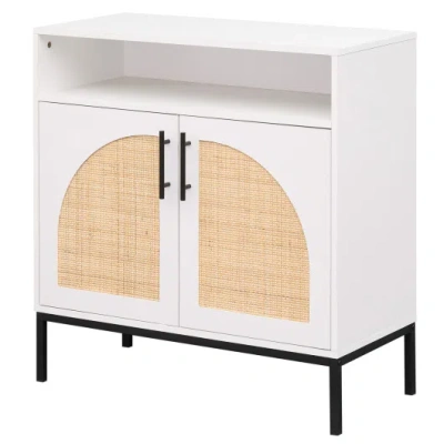 Costway 32" Sideboard Buffet Cabinet With 2 Natural Rattan Decorated Doors And Adjustable Shelf-white In Multi