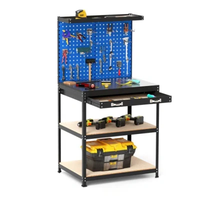 Costway 32 X 16 Inch Workbench Work Table With 2 Pcs Pegboard Drawer And Shelves-navy In Blue
