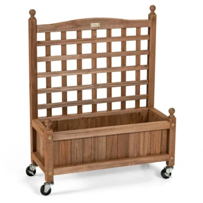 Costway 32in Wood Planter Box With Trellis Mobile Raised Bed For Climbing Plant In Brown
