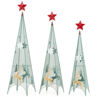 Costway 3/3.5/4 Feet Set Of 3 Tower Shaped Christmas Trees With Removable Star Toppers In Green