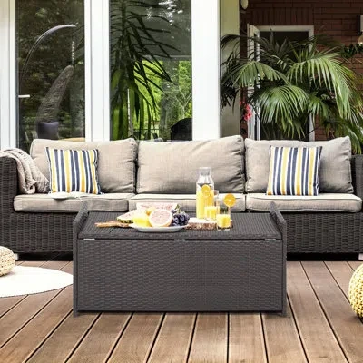 Costway 34 Gallon Patio Wicker Storage Deck Box W/cushion Off White Backyard In Brown