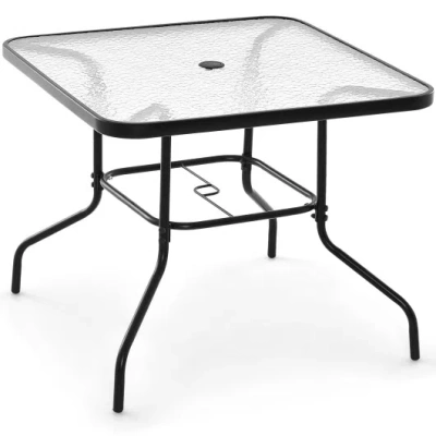 Costway 34 Inch Outdoor Dining Table Square Tempered Glass Table With 1.5 Inch Umbrella Hole-black