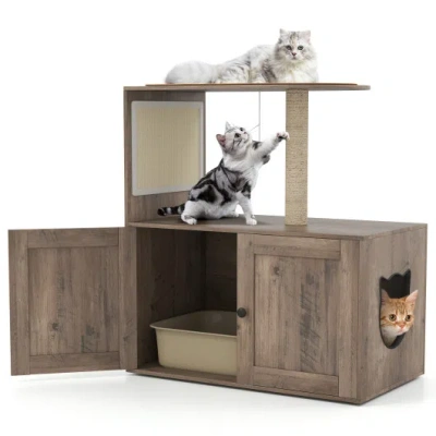 Costway 34.5 Inch Cat Tree With Litter Box Enclosure With Sisal Scratching Post And Mat-gray In Multi