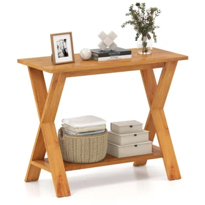 Costway 35 Inch Solid Teak Wood Console Table With Storage Shelf In Brown