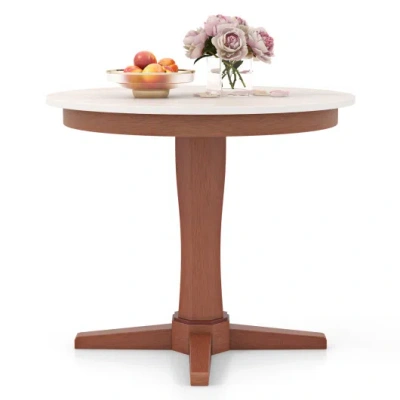 Costway 35 Inches Wooden Round Dining Table With Pedestal Base-white In Multi