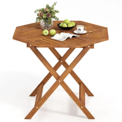 Costway 35.5 Inch Solid Wood Patio Dining Table Octagon Table With 1.97 Inch Umbrella Hole In Brown