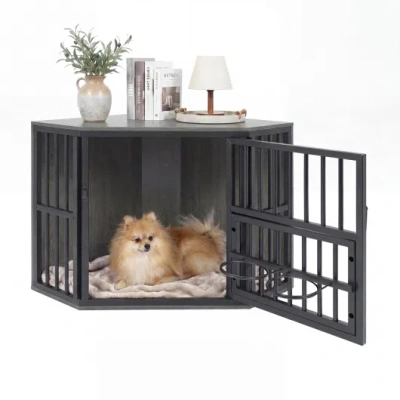 Costway 35.5 Inches Wooden Dog Kennel End Table With 3-position Dog Bowl Rack-oak In Black