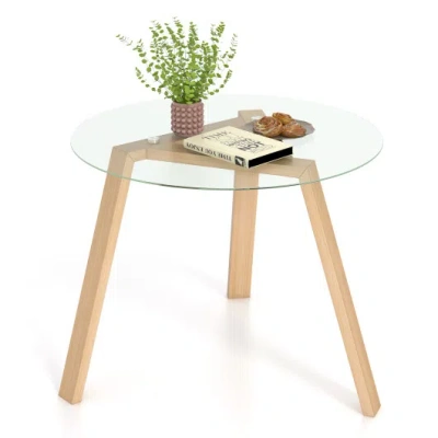 Costway 36 Inches Round Glass Dining Table For 4 With Rubber Wood Frame-natural In Transparent