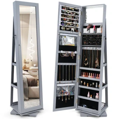 Costway 360° Rotatable 2-in-1 Lockable Jewelry Cabinet With Full-length Mirror-gray