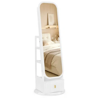 Costway 360° Swivel Jewelry Cabinet With Full-length Mirror And Dual Hooks-white