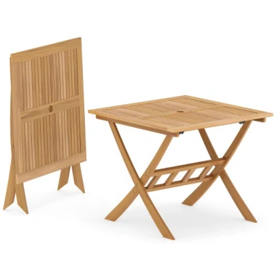 Costway 36-inch Acacia Wood Folding Patio Dining Table With Umbrella Hole For 4 People In Multi