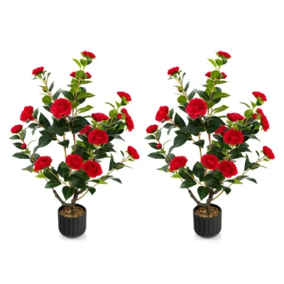 Costway 38 Inch Artificial Camellia Tree Faux Flower Plant In Cement Pot 2 Pack-red In Multi
