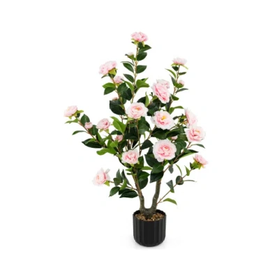 Costway 38 Inch Artificial Camellia Tree Faux Flower Plant In Cement Pot-pink