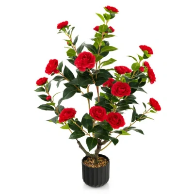 Costway 38 Inch Artificial Camellia Tree Faux Flower Plant In Cement Pot-red In Multi