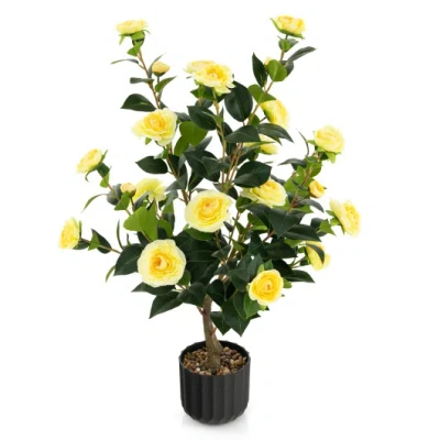Costway 38 Inch Artificial Camellia Tree Faux Flower Plant In Cement Pot-yellow