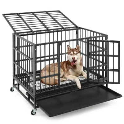 Costway 38 Inch Foldable Heavy-duty Metal Dog Cage With Lockable Rolling Casters And Tray-38 Inches In Black