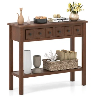 Costway 38 Inch Rustic Console Table With 2 Drawers And Bottom Open Shelf-espresso In Brown