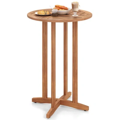 Costway 39 Inch Outdoor Acacia Wood Bar Table With Slatted Table Top In Brown