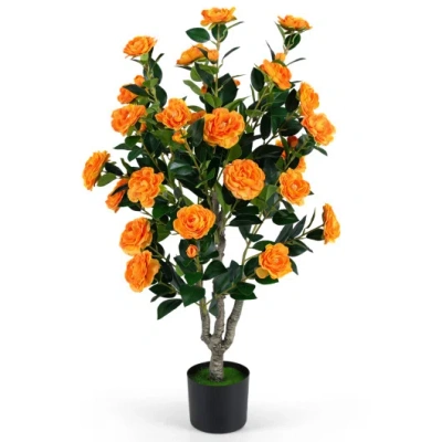 Costway 39.5" Artificial Camellia Tree With Orange Blossoms In Cement Pot For Home Decoration-orange In Multi