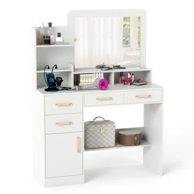 Costway 39.5 Inch Vanity Desk With Power Outlets And Mirror For Bedroom-white
