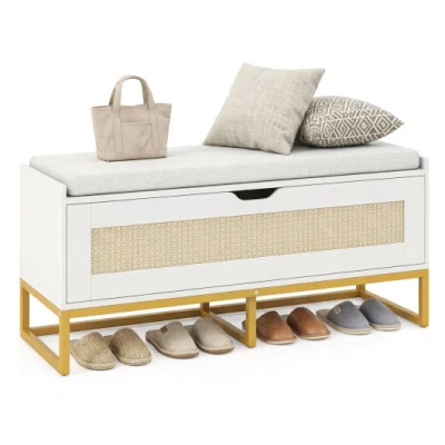 Costway 39.5" Rattan Storage Chest Wicker Shoe Bench With Padded Seat Flip-top-white In Gray