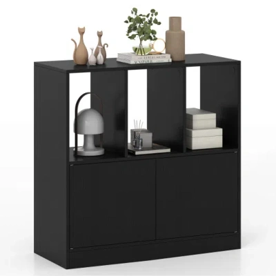 Costway 3-cube Bookcase With Doors 3-tier Cubic Bookshelf With Open Compartments And Cabinet-black In Multi