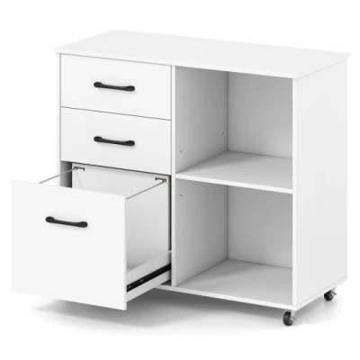 Costway 3-drawer Mobile File Cabinet With Open Storage Shelves And Wheels For Letter A4 Size-white