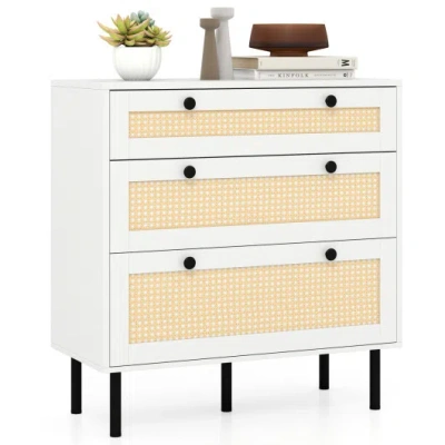 Costway 3-drawer Rattan Nightstand Boho Chest Of Drawers For Bedroom-white