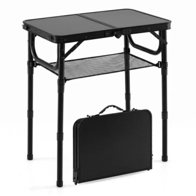 Costway 3-height Folding Camping Table With Large Storage Net & Handle-black