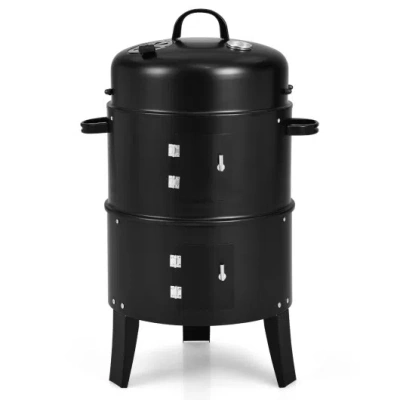 Costway 3-in-1 Charcoal Bbq Grill Cambo With Built-in Thermometer In Black