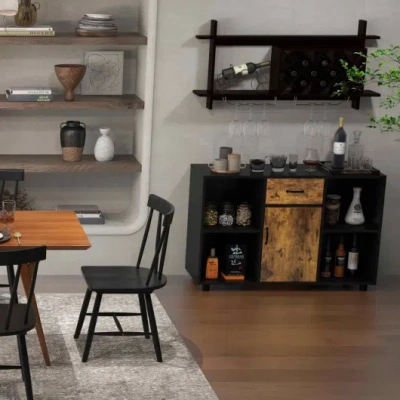 Costway 3-in-1 Dining Set: Windsor Chairs, Industrial Sideboard & Wall-mount Wine Rack Combo In Multi