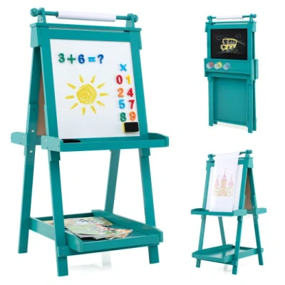Costway 3-in-1 Double-sided Art Easel With Chalkboard And Magnetic Whiteboard-green In Animal Print